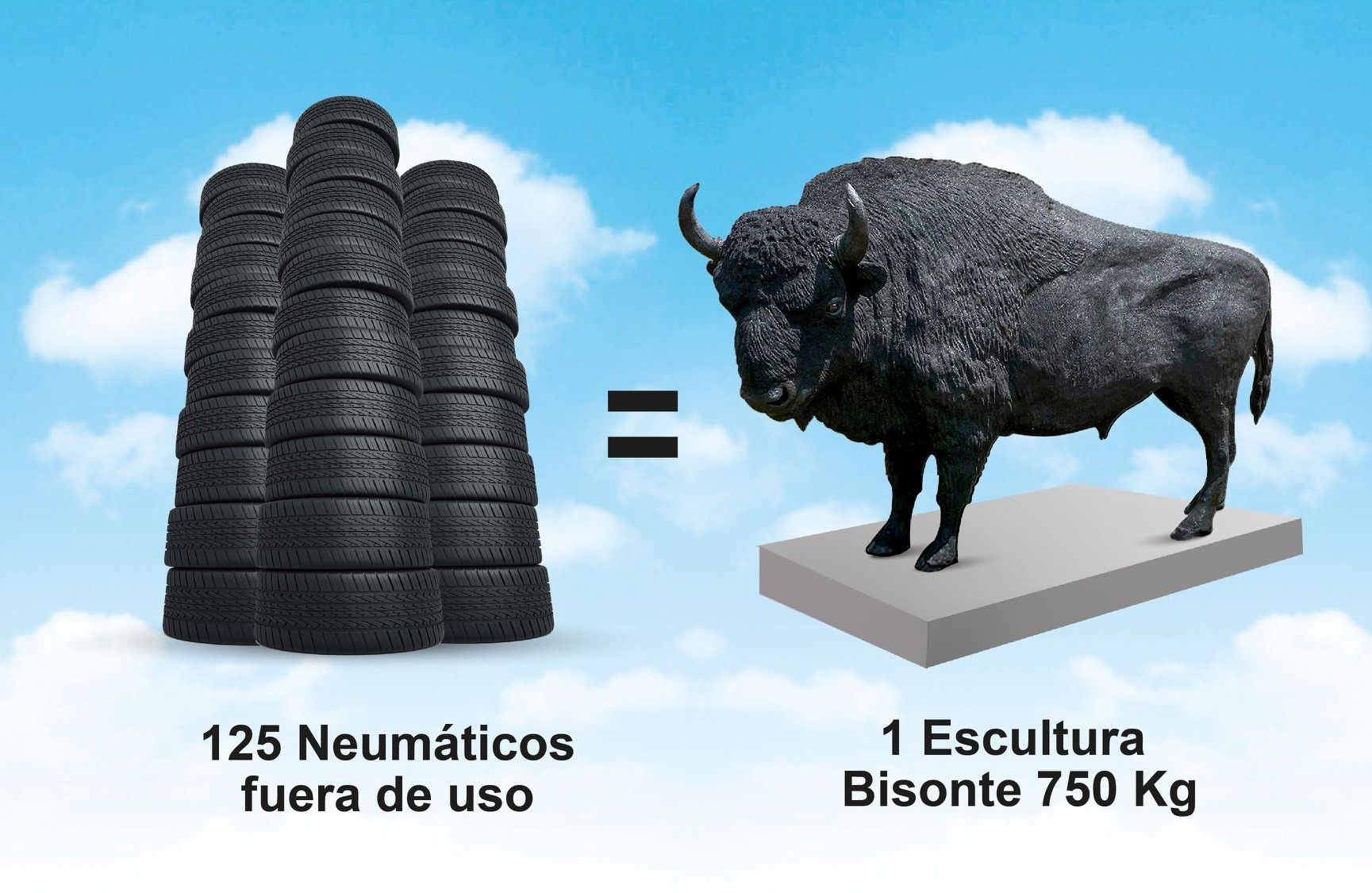 125 neumáticos fuera de uso para hacer un bisonte escultural