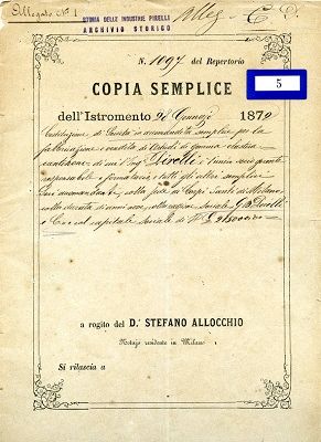 Documento de constitución de la empresa Pirelli 1872