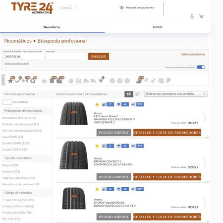 En la vista de detalles y proveedores, se puede ver los precios de los neumáticos seleccionados (incluida la disponibilidad) de cada proveedor